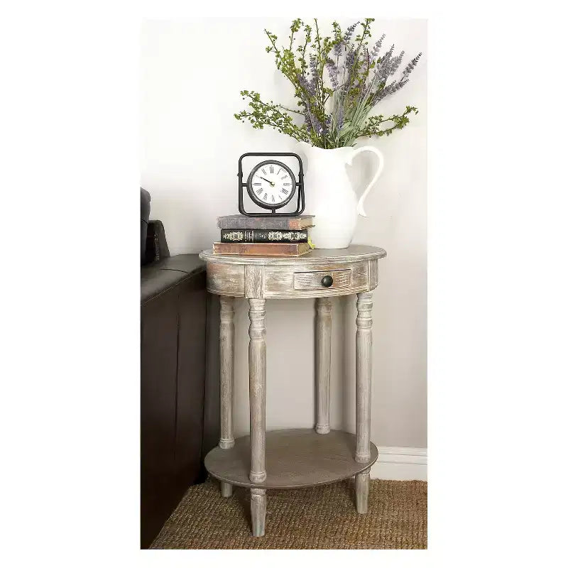 Tavolino Ovale in Legno Taupe - Stile Rustico, Cassetto Singolo, Ripiano Inferiore