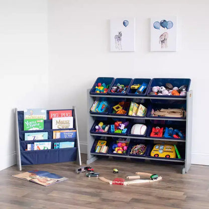 Libreria a 4 ripiani per bambini blu navy/grigio - Organizzatore di libri per camerette