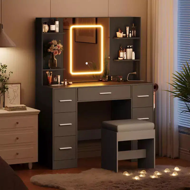 Toeletta con Specchio, Luci a Led, Presa di Corrente e Sgabello, Tavolo da Trucco con 7 Cassetti e 6 Ripiani Contenitori