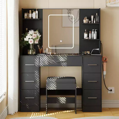 Toeletta con Specchio, Luci a Led, Presa di Corrente e Sgabello, Tavolo da Trucco con 7 Cassetti e 6 Ripiani Contenitori