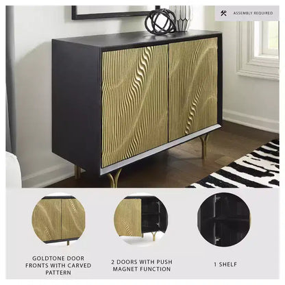 Mobiletto contenitore d'accento con ante con finitura dorata e struttura nera - Stile Glam