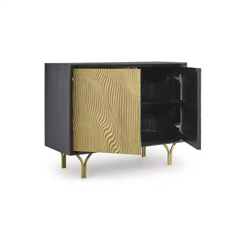 Mobiletto contenitore d'accento con ante con finitura dorata e struttura nera - Stile Glam