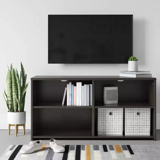 Mobile TV per dormitorio con spazio contenitivo per TV fino a 43" in nero - Compatto, mensole multiple, montaggio facile