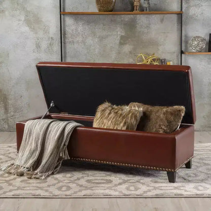 Pouf Contenitore in Pelle Marrone - Spazio Nascosto, Poggiapiedi, Seduta Extra