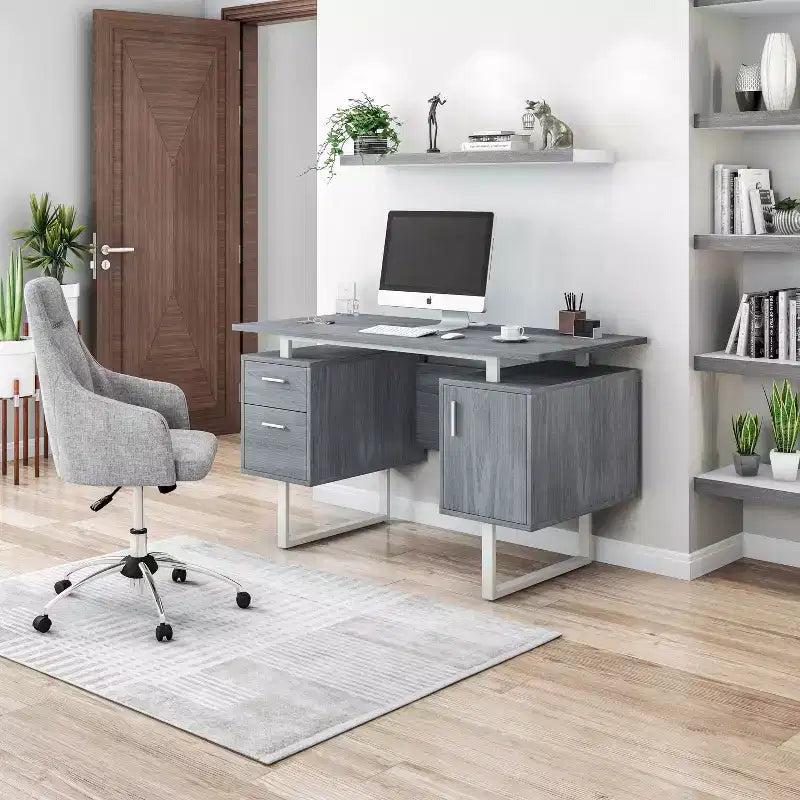 Scrivania Moderna per Ufficio con Contenitore Grigia - Piano Sospeso, Classificatore, Eleganti Gambe in Metallo
