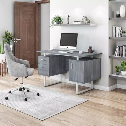Scrivania Moderna per Ufficio con Contenitore Grigia - Piano Sospeso, Classificatore, Eleganti Gambe in Metallo