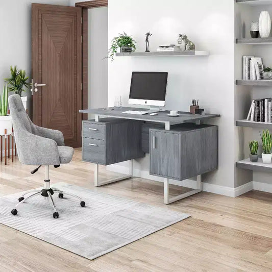 Scrivania Moderna per Ufficio con Contenitore Grigia - Piano Sospeso, Classificatore, Eleganti Gambe in Metallo