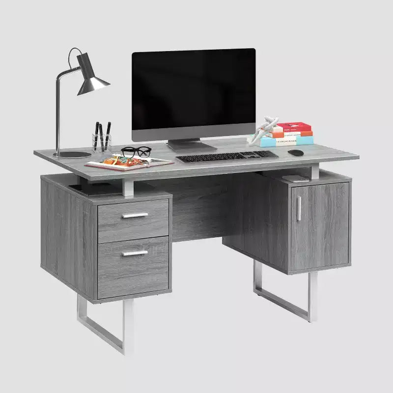 Scrivania Moderna per Ufficio con Contenitore Grigia - Piano Sospeso, Classificatore, Eleganti Gambe in Metallo