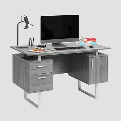 Scrivania Moderna per Ufficio con Contenitore Grigia - Piano Sospeso, Classificatore, Eleganti Gambe in Metallo