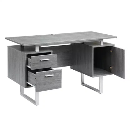 Scrivania Moderna per Ufficio con Contenitore Grigia - Piano Sospeso, Classificatore, Eleganti Gambe in Metallo