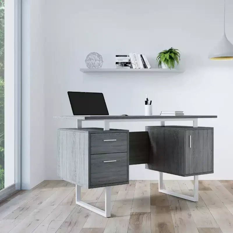 Scrivania Moderna per Ufficio con Contenitore Grigia - Piano Sospeso, Classificatore, Eleganti Gambe in Metallo
