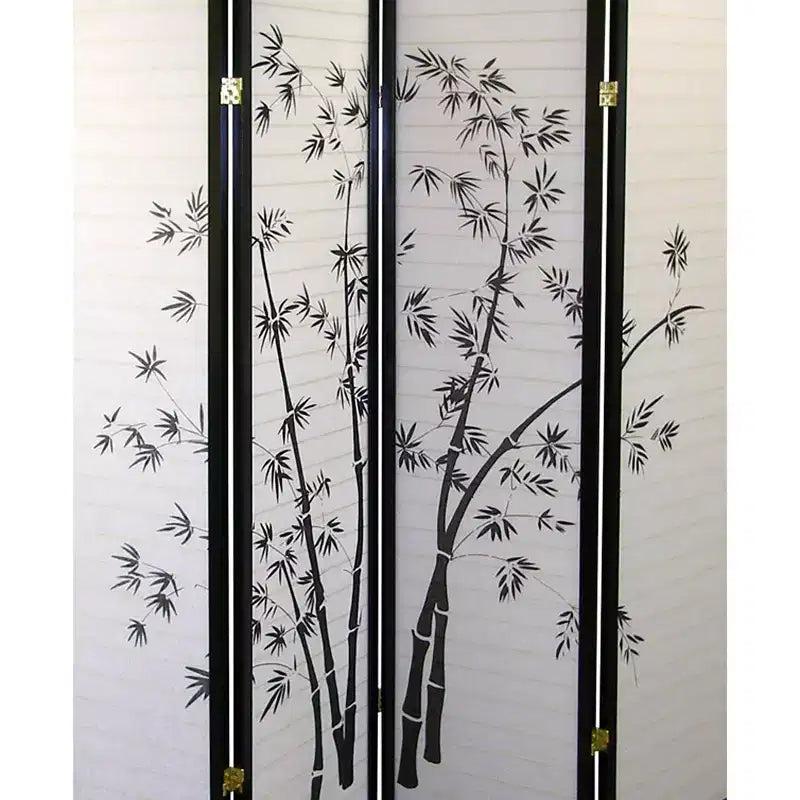 Divisorio a 4 pannelli in bambù - design floreale con albero, telaio in abete rosso, nessun assemblaggio richiesto