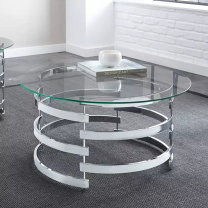 Tavolino da cocktail Tayside in vetro e cromo - Piano circolare in vetro fumé, struttura cromata