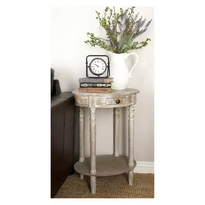 Tavolino Ovale in Legno Taupe - Stile Rustico, Cassetto Singolo, Ripiano Inferiore