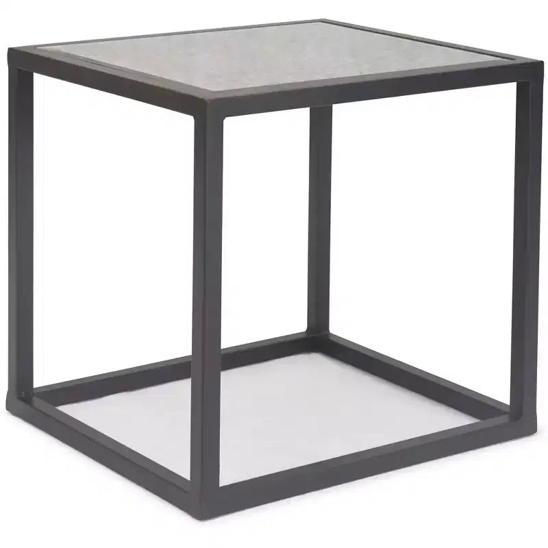 Tavolini quadrati a specchio, colore nero, impilabili, finitura anticata, struttura in metallo
