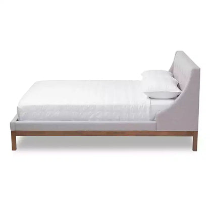 Letto a Piattaforma Moderno Rivestito in Tessuto Beige-Grigiastro - Gambe Finitura Noce