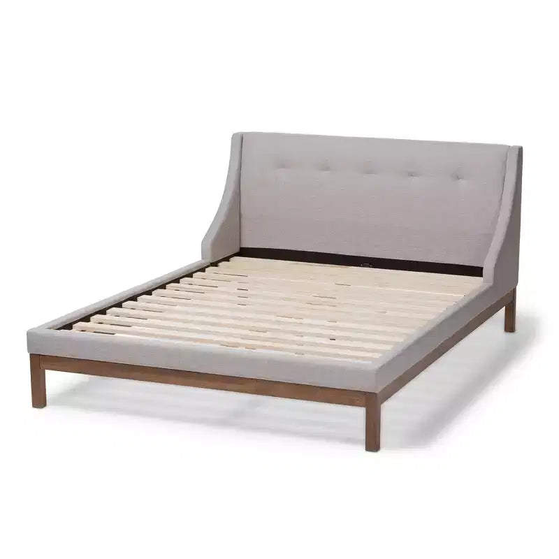 Letto a Piattaforma Moderno Rivestito in Tessuto Beige-Grigiastro - Gambe Finitura Noce