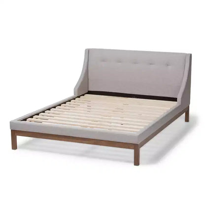 Letto a Piattaforma Moderno Rivestito in Tessuto Beige-Grigiastro - Gambe Finitura Noce