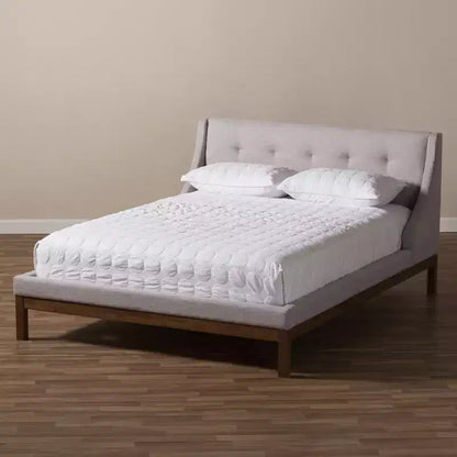Letto a Piattaforma Moderno Rivestito in Tessuto Beige-Grigiastro - Gambe Finitura Noce