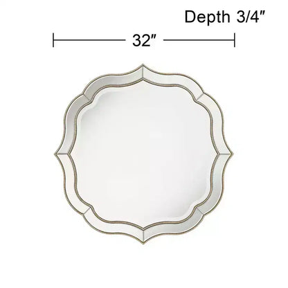 Specchio da parete rotondo Laureen Scalloped per toeletta - Vetro smussato, cornice perline color oro champagne, larghezza 32"