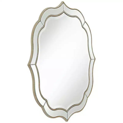 Specchio da parete rotondo Laureen Scalloped per toeletta - Vetro smussato, cornice perline color oro champagne, larghezza 32"