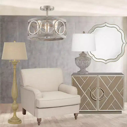 Specchio da parete rotondo Laureen Scalloped per toeletta - Vetro smussato, cornice perline color oro champagne, larghezza 32"