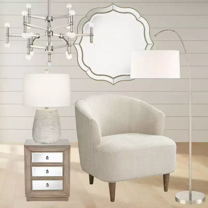 Specchio da parete rotondo Laureen Scalloped per toeletta - Vetro smussato, cornice perline color oro champagne, larghezza 32"