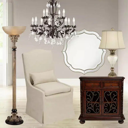 Specchio da parete rotondo Laureen Scalloped per toeletta - Vetro smussato, cornice perline color oro champagne, larghezza 32"