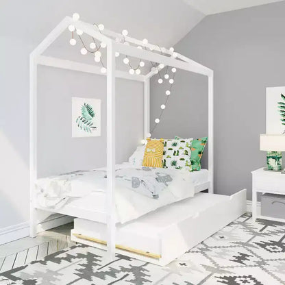 Max & Lily Twin Size Solid Wood House Bed Frame with Storage Trundle and Roof for Kids Bedroom