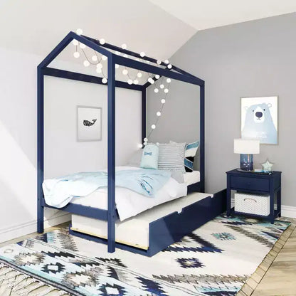Struttura letto a casetta in legno massello per bambini, con letto estraibile contenitore e tetto, misura singola