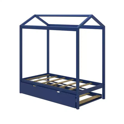Struttura letto a casetta in legno massello per bambini, con letto estraibile contenitore e tetto, misura singola