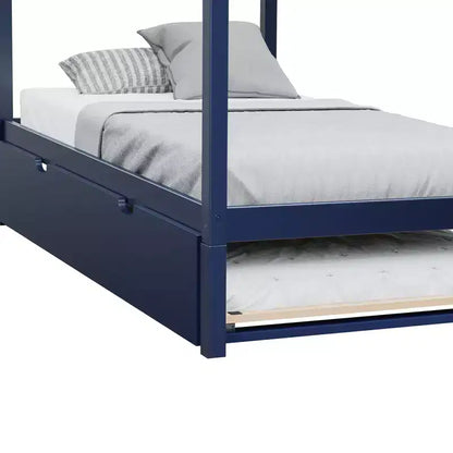 Struttura letto a casetta in legno massello per bambini, con letto estraibile contenitore e tetto, misura singola
