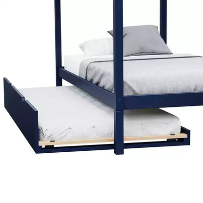 Struttura letto a casetta in legno massello per bambini, con letto estraibile contenitore e tetto, misura singola